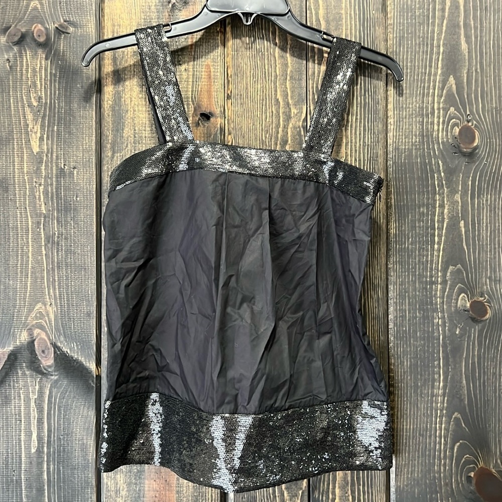 Theory Sequin Top XS Black Party Tank Vtg Look Y2K Zipper Side Cotton Poly Blend